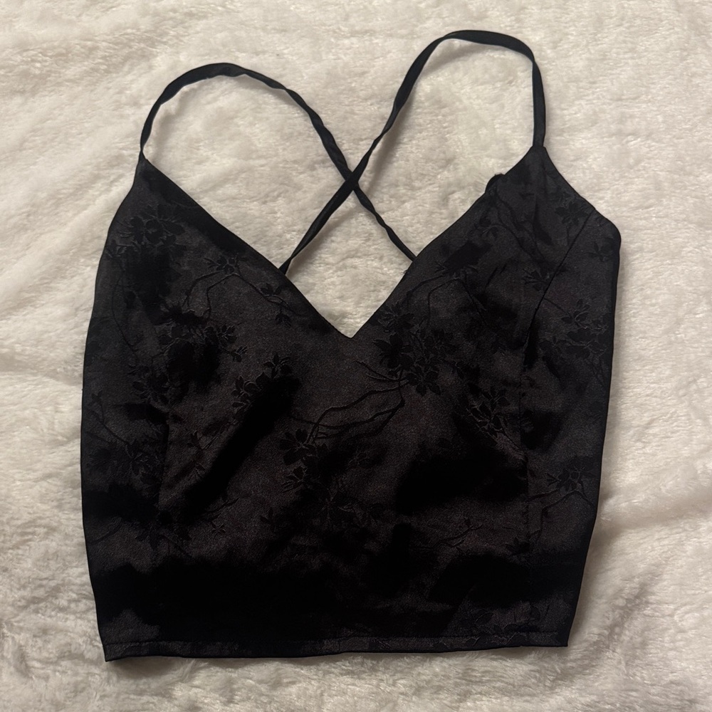 Black Silk Floral Lace up Camisole Top